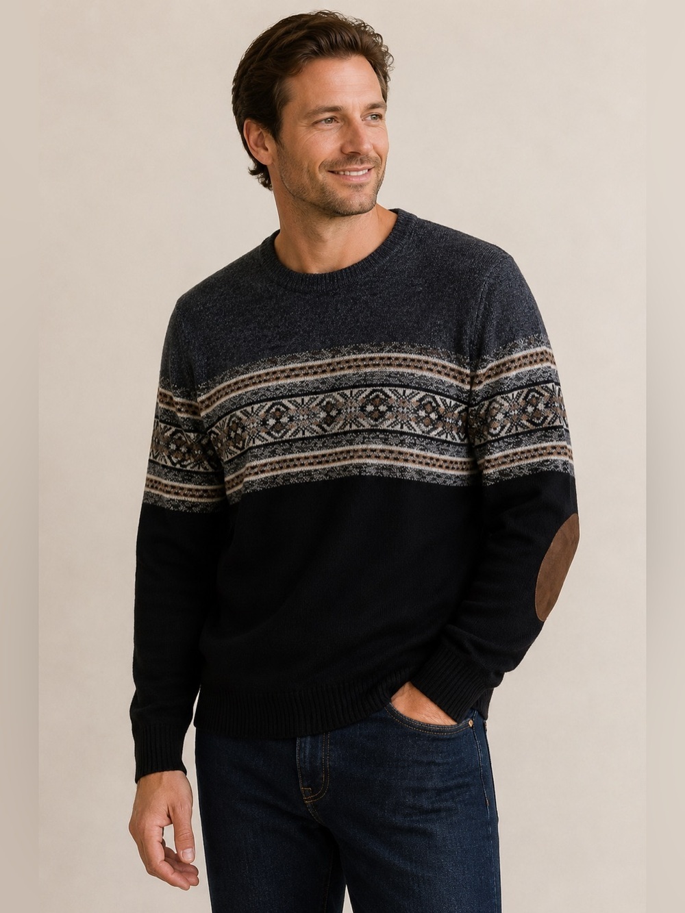 JOS A. BANK RESERVE Wool Crewneck Sweater Elbow Patches Mens Large Gray Black